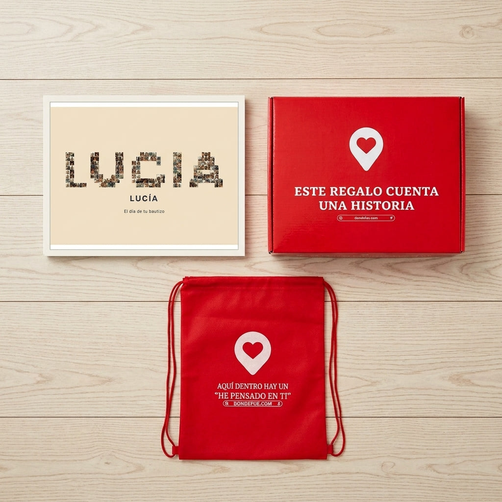 Cuadro nombre con fotos personalizado de bautizo junto a la caja y la bolsa de regalo de Donde Fue