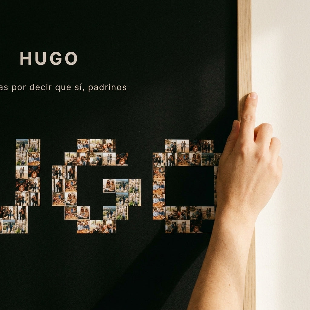 Enderezando el cuadro nombre con fotos personalizado de bautizo recién colgado en la pared