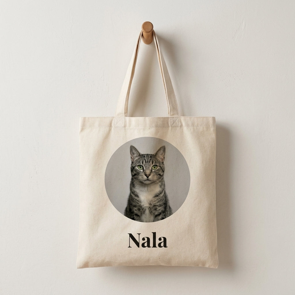 Tote bag personalizada con la cara de tu mascota y su nombre, colgada de una percha de madera