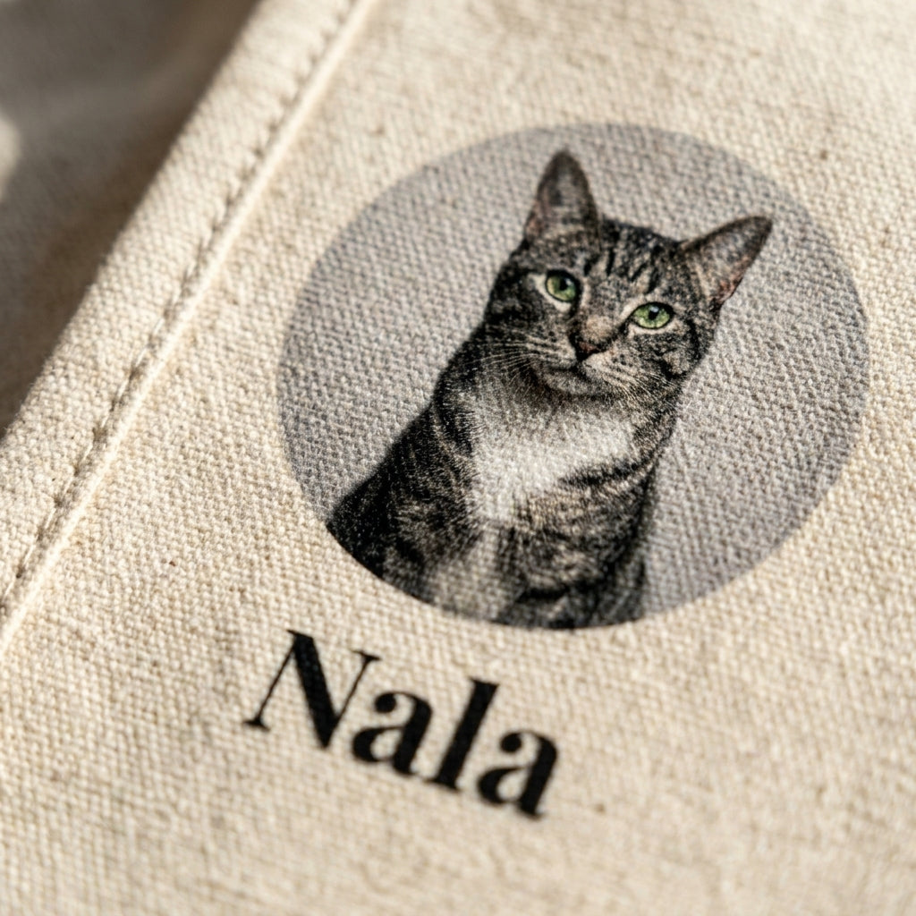 Detalle del estampado sobre la lona de algodón de la tote bag personalizada de mascota
