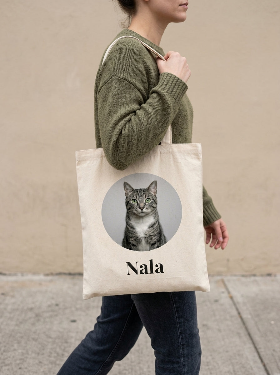 Mujer llevando al hombro la tote bag personalizada con la cara de su gato
