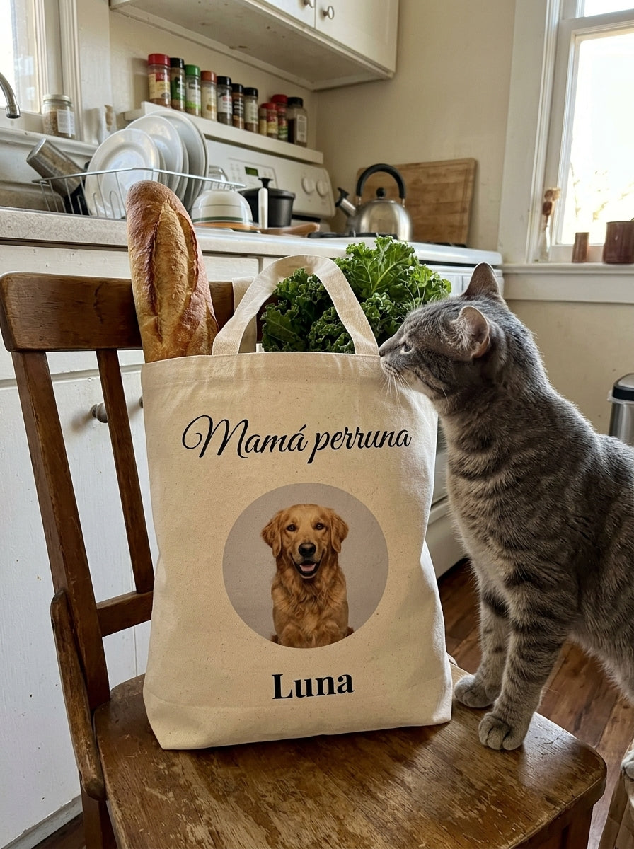 Tote bag personalizada de mascota en una silla de cocina, con la compra dentro