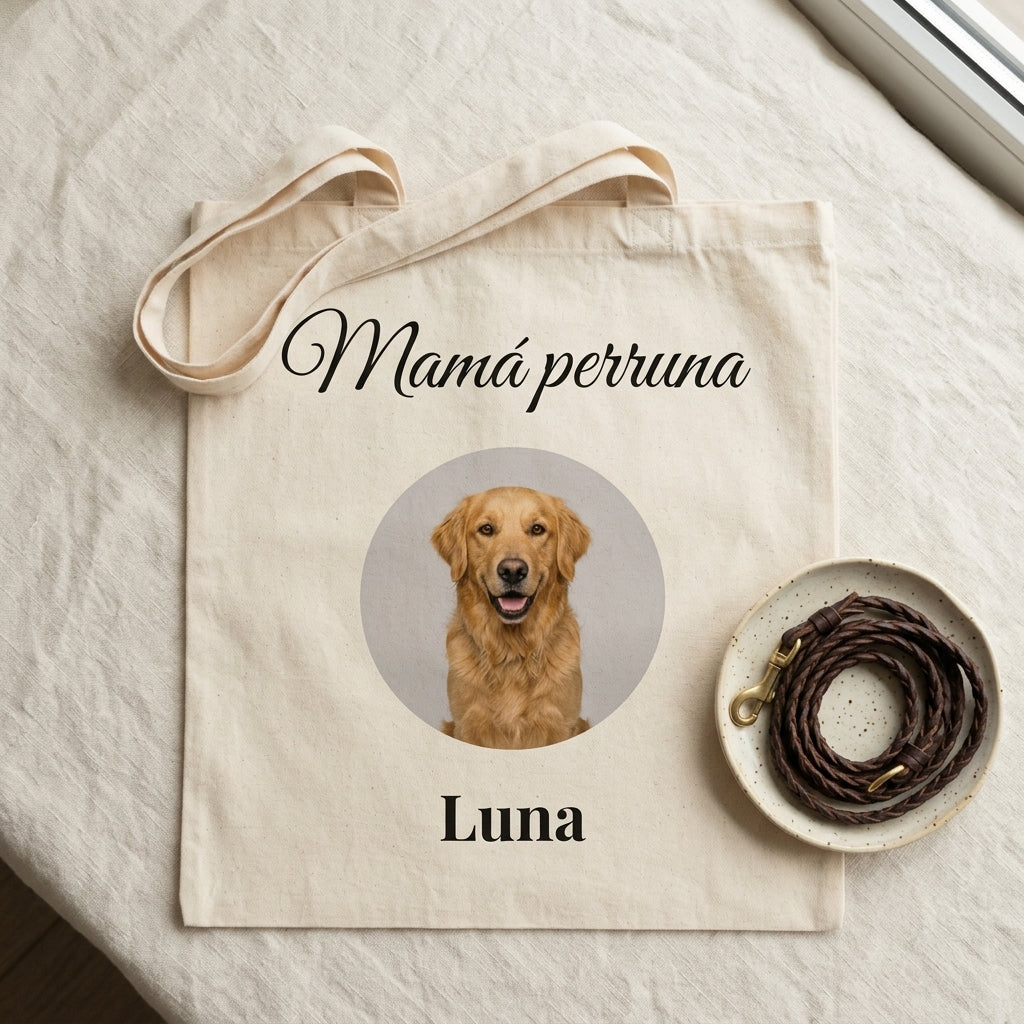 Tote bag personalizada con «Mamá perruna» vista de plano junto a la correa del perro