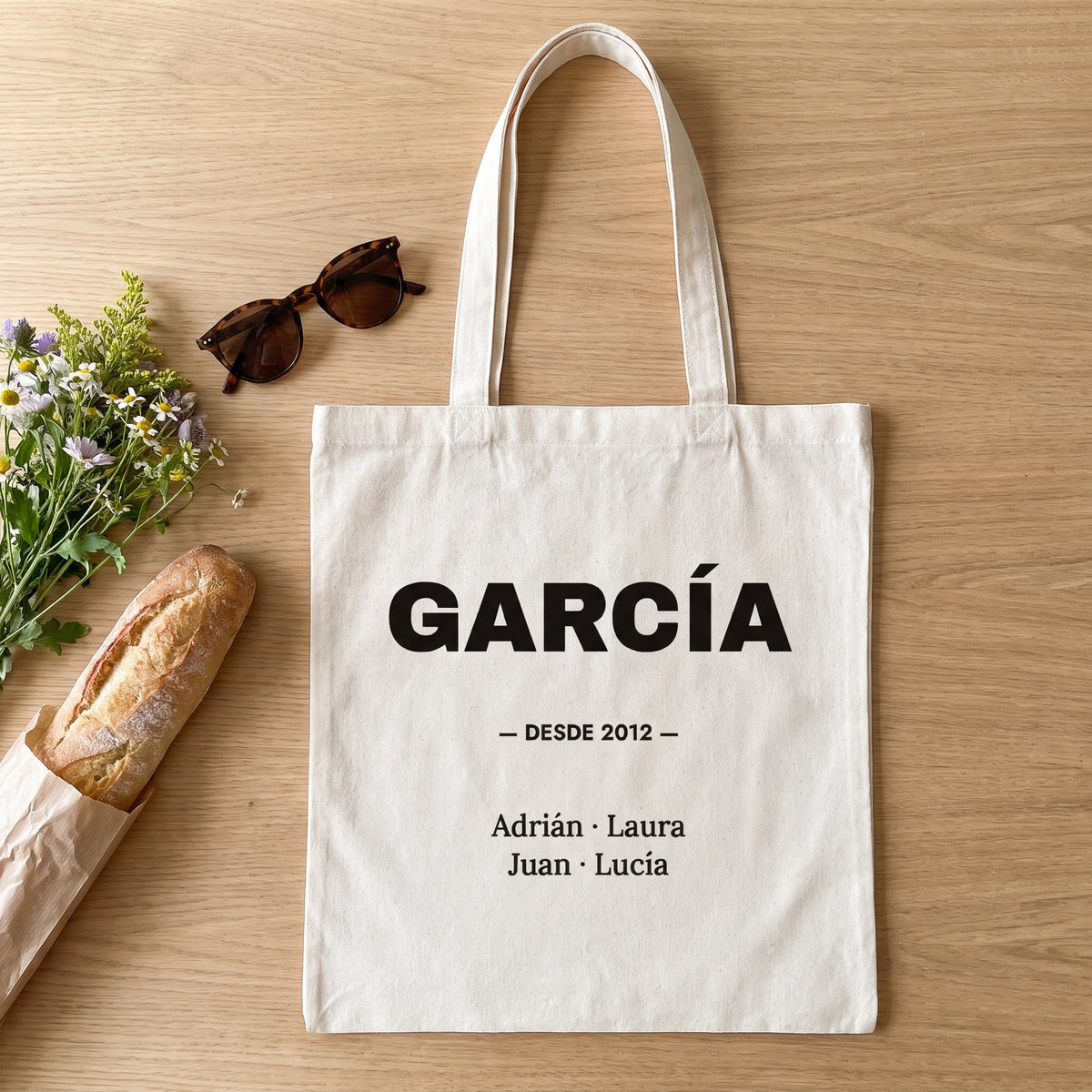 Tote bag con apellido, año desde y nombres de la familia