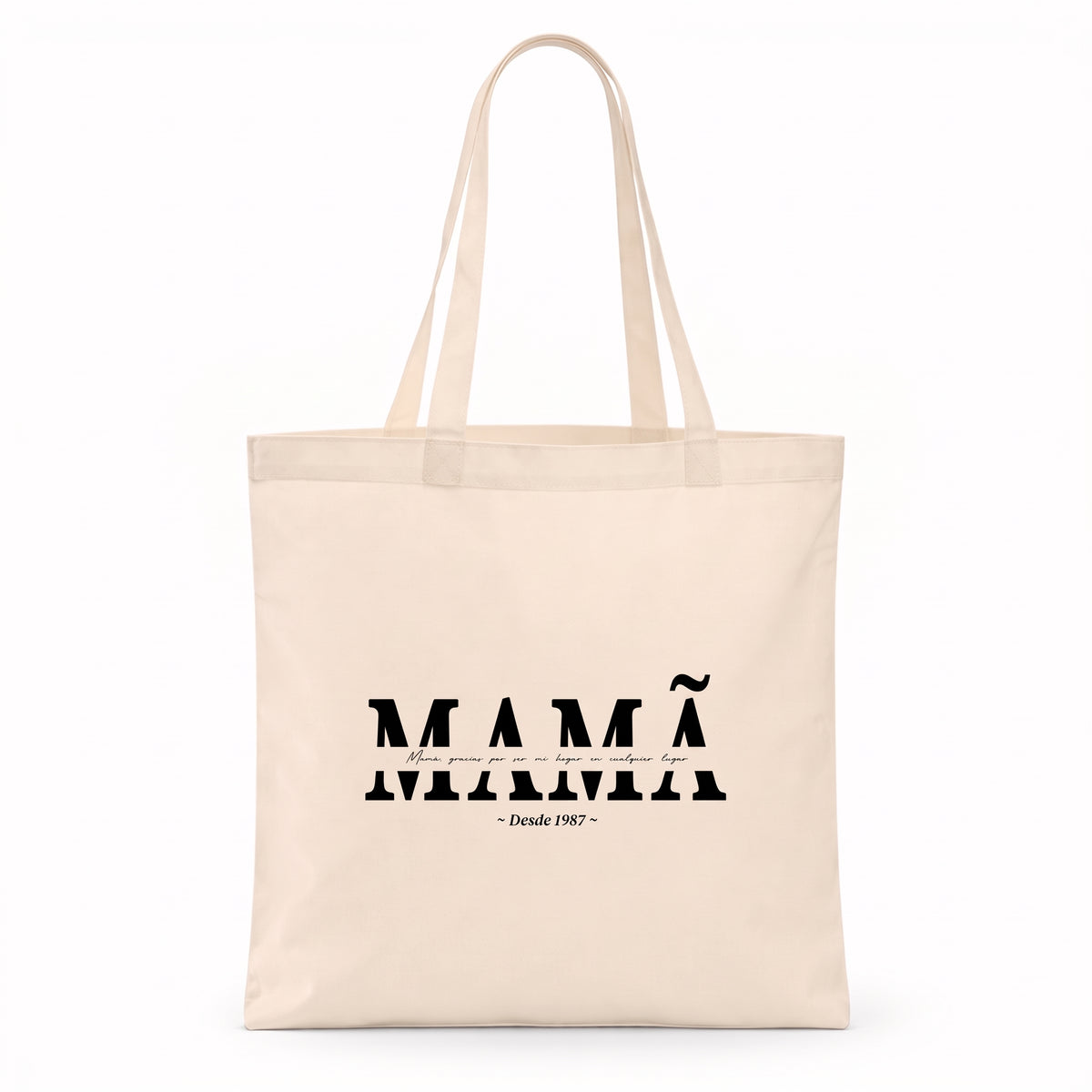Tote bag de algodón personalizada con la palabra MAMÁ y el año desde que lo es