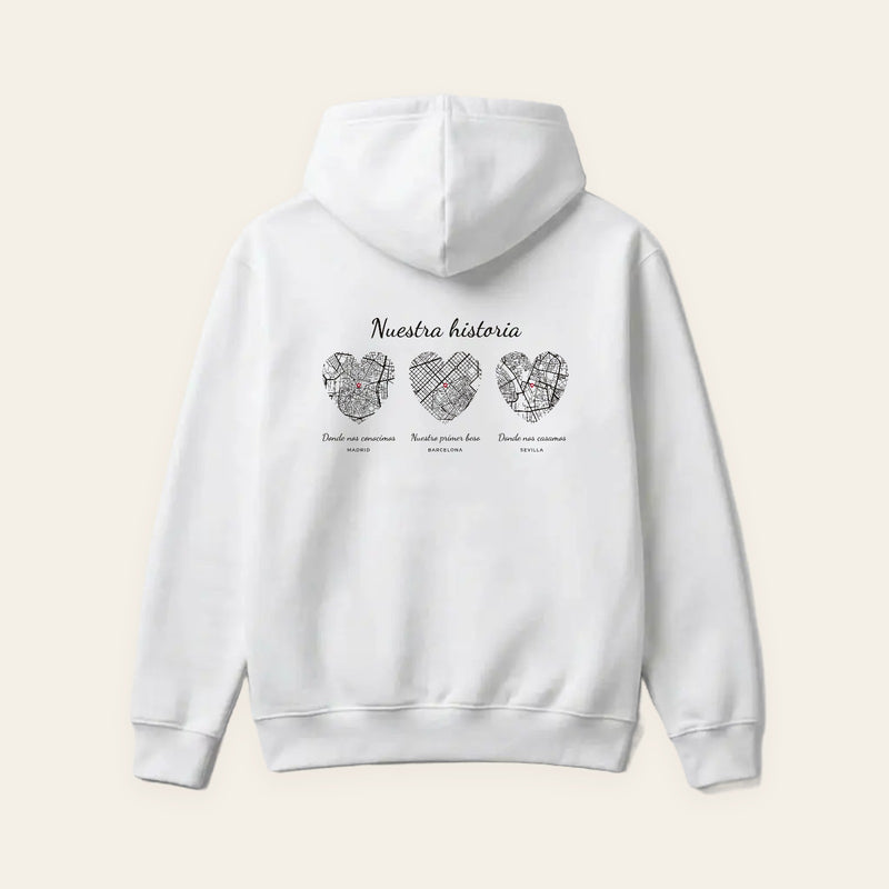 Sudadera blanca con capucha personalizada con tres lugares en el mapa, estampado en la espalda