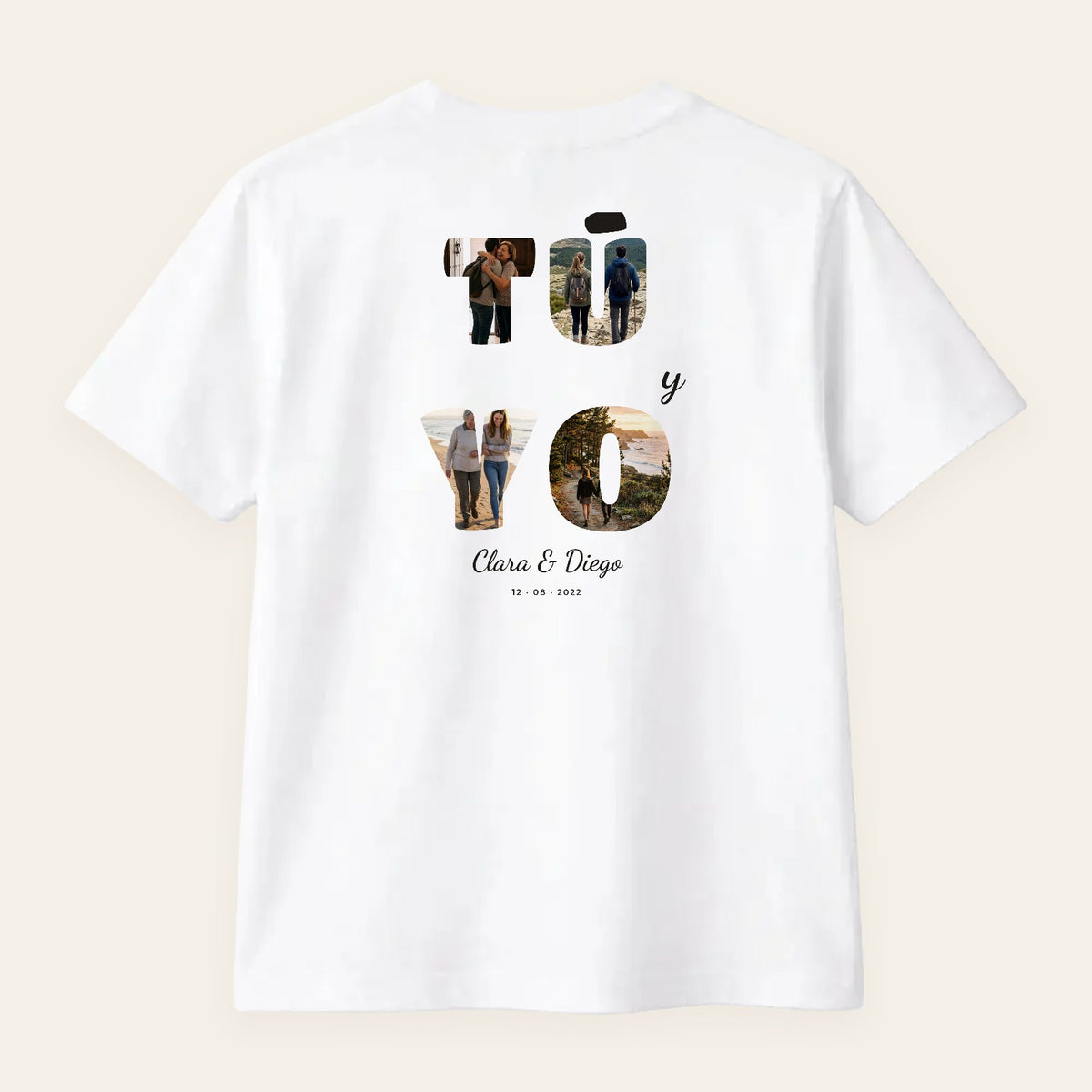 Camiseta blanca personalizada con vuestras fotos y «Tú y yo», estampado en la espalda