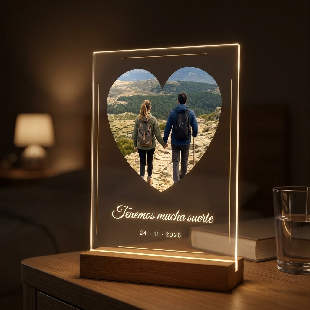 Placa de metacrilato personalizada con una foto y dedicatoria encendida sobre la base de madera con luz LED, en una mesilla de noche