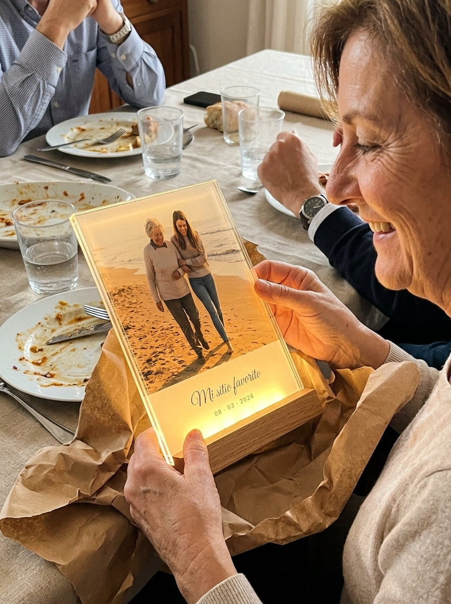 Abriendo el regalo de la placa de metacrilato personalizada con una foto y dedicatoria en una comida familiar